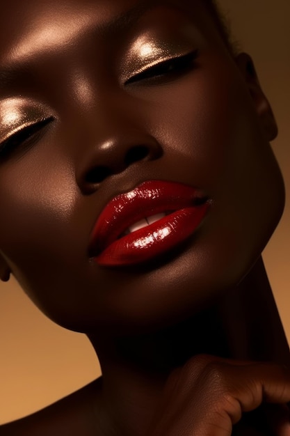 Eine schwarze Frau mit roter Lippe und goldenem Hintergrund