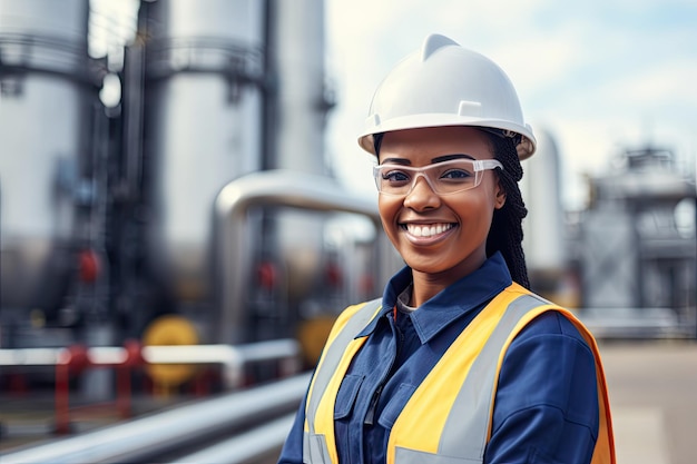 Eine schwarze Frau mit Schutzhelm und Sicherheitsweste, die auf einem Raffineriegelände arbeitet. Afroamerikanische Frauen