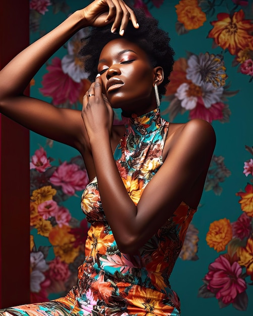 Eine schwarze Frau trägt ein mehrfarbiges Blumenkleid von Generative Ai