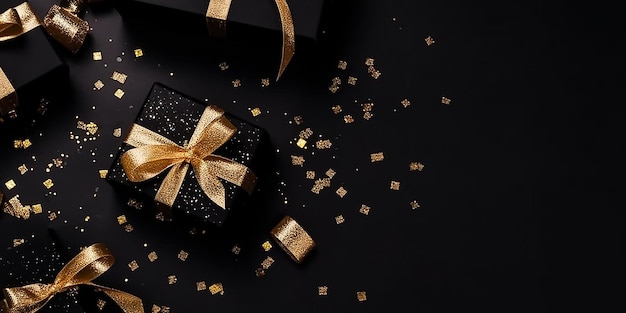 Eine schwarze Geschenkbox mit goldenem Band und goldener Schleife auf schwarzem Hintergrund