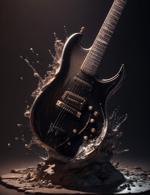 Eine schwarze Gitarre, um die herum ein Spritzer Wasser spritzt