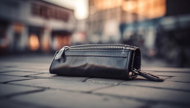 Eine schwarze Handtasche mit silbernem Reißverschluss steht auf einer Backsteinstraße.