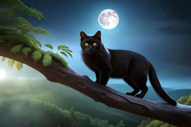 Eine schwarze Katze auf einem Ast mit dem Mond im Hintergrund.