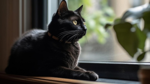 Eine schwarze Katze, die aus einem Fenster schaut