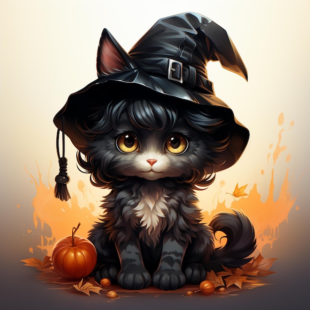 eine schwarze Katze, die ein Hexenhut-Halloween-Thema trägt