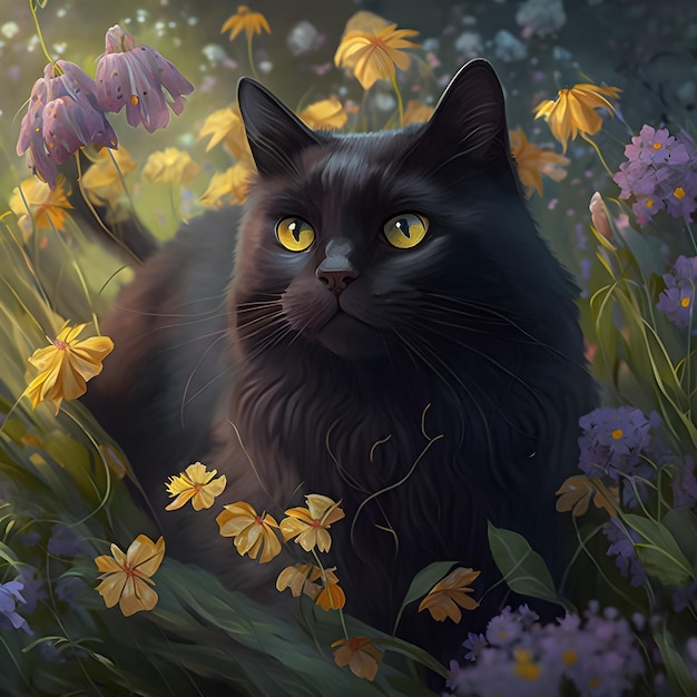 Eine schwarze Katze in einem Blumenfeld mit gelben Augen.