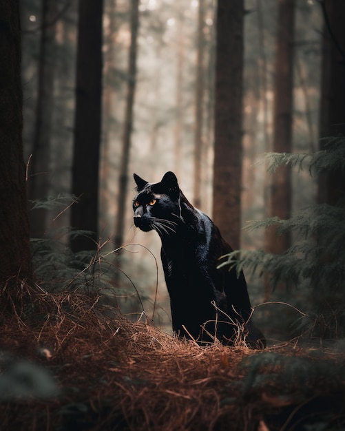 Eine schwarze Katze in einem Wald mit dem Wort „Schwarz“ darauf