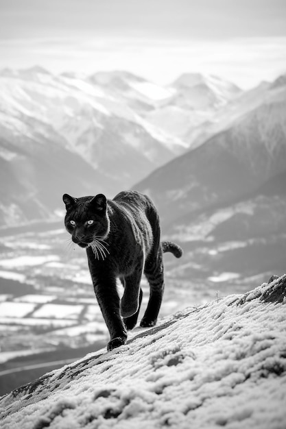 Eine schwarze Katze läuft auf einem verschneiten Berg.