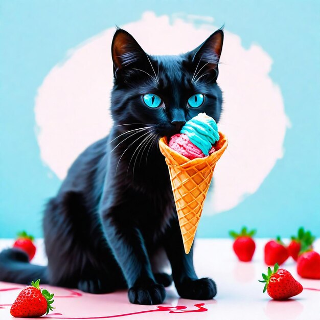 eine schwarze Katze mit blauen Augen, die einen Eiscreme-Kegel isst