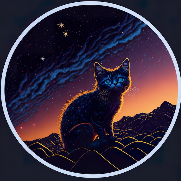 Eine schwarze Katze mit blauen Augen sitzt auf einem Hügel mit einem Stern im Hintergrund.