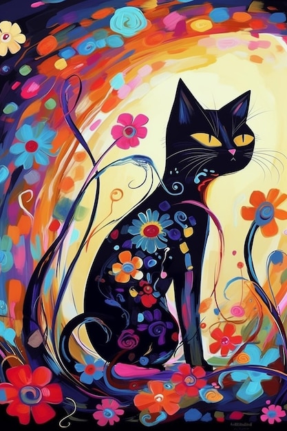 Eine schwarze Katze mit Blumen darauf