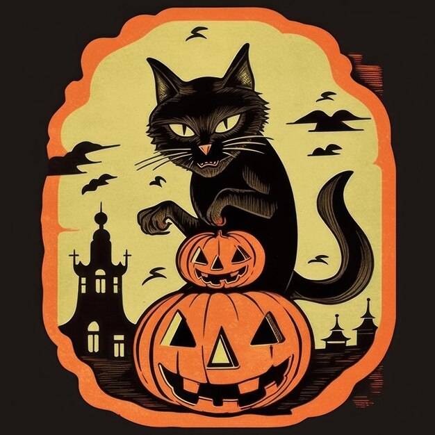 eine schwarze Katze mit einem Kürbis darauf, auf dem „Halloween“ steht