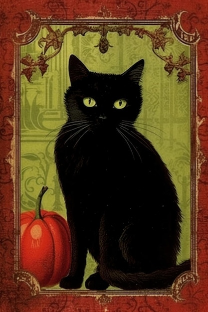 eine schwarze Katze mit einem roten Kürbis an der Vorderseite