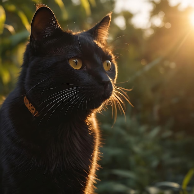 eine schwarze Katze mit einem Schild, auf dem der Name des Unternehmens steht