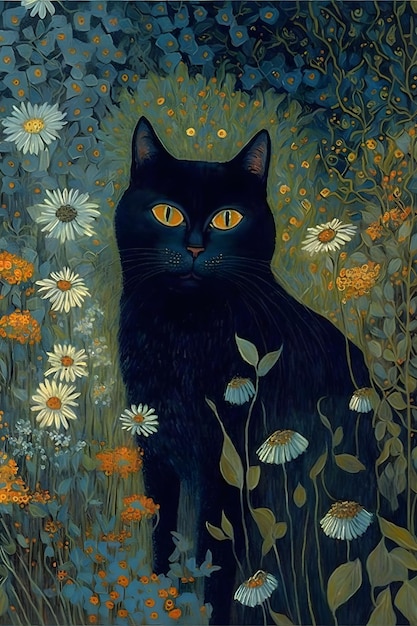 Eine schwarze Katze mit gelben Augen ist unter Blumen.