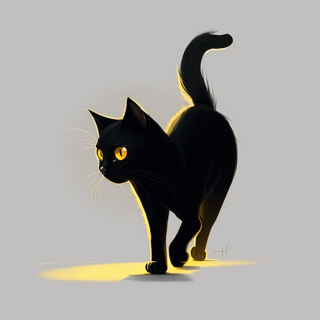 Eine schwarze Katze mit gelben Augen läuft.