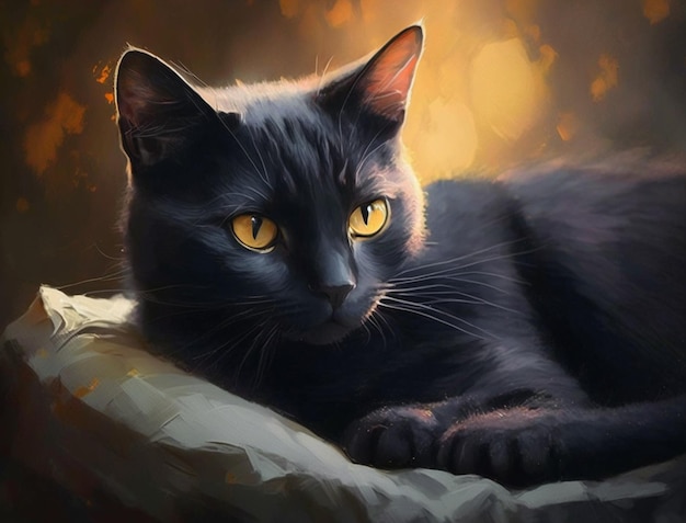 Eine schwarze Katze mit gelben Augen liegt auf einem Kissen.