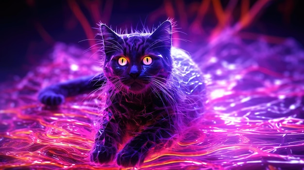 Eine schwarze Katze mit gelben Augen liegt auf einem violetten Hintergrund.