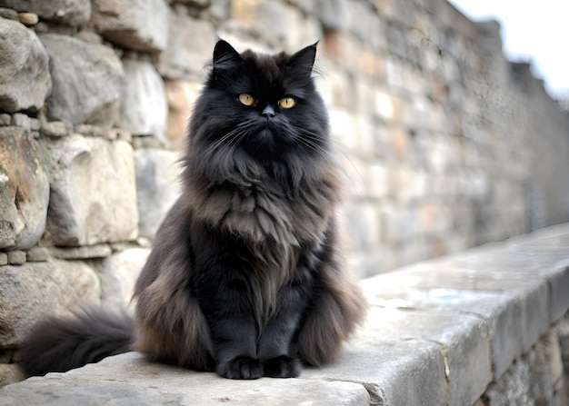 eine schwarze Katze mit gelben Augen sitzt an einer Steinmauer