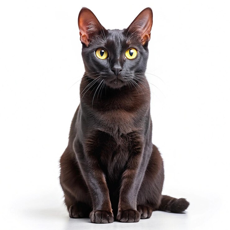 Foto eine schwarze katze mit gelben augen sitzt auf einem weißen hintergrund