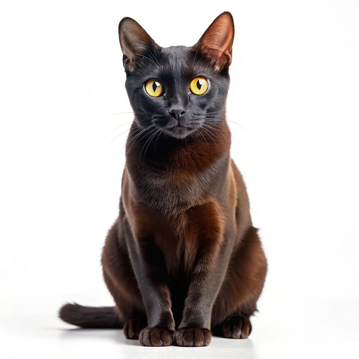 Foto eine schwarze katze mit gelben augen sitzt auf einem weißen hintergrund