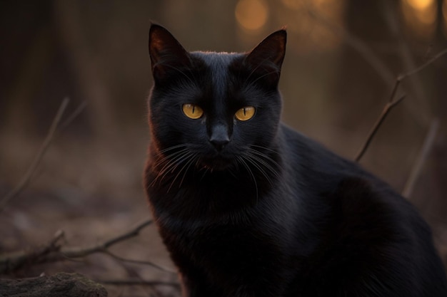 Eine schwarze Katze mit gelben Augen sitzt bei Sonnenuntergang in einem Wald.