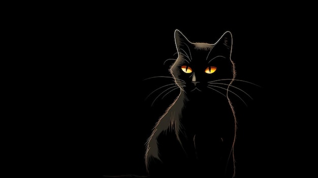 Eine schwarze Katze mit gelben Augen sitzt im Dunkeln.