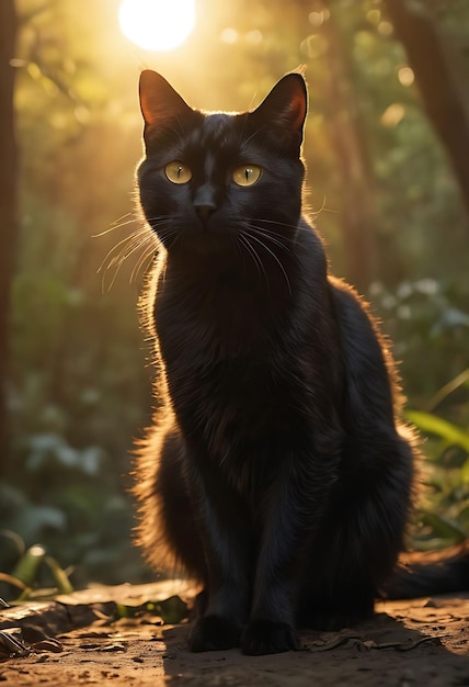 eine schwarze Katze mit gelben Augen sitzt in der Sonne