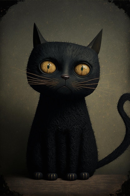 Eine schwarze Katze mit gelben Augen sitzt vor einem dunklen Hintergrund.