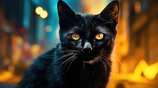 Eine schwarze Katze mit gelben Augen sitzt vor einer beleuchteten Straßenlaterne.