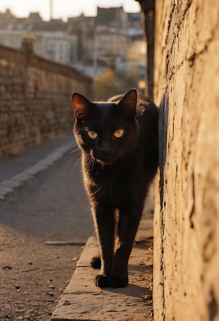 eine schwarze Katze mit gelben Augen steht auf einem Bürgersteig