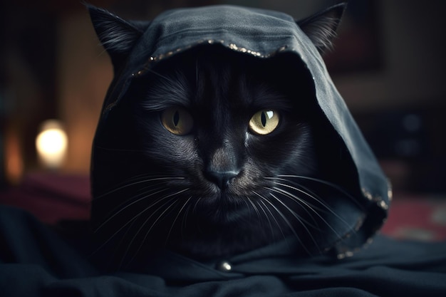 Eine schwarze Katze mit Kapuze drauf