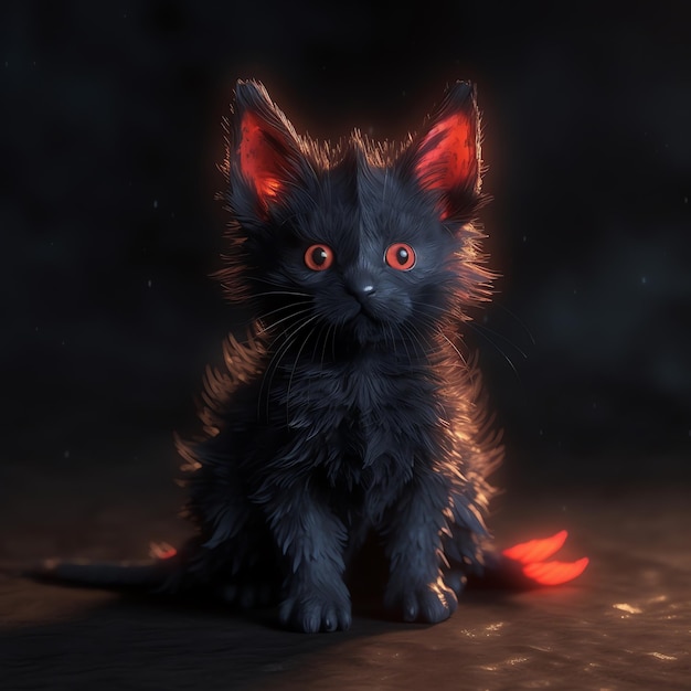 Eine schwarze Katze mit roten Augen sitzt in einem dunklen Raum.