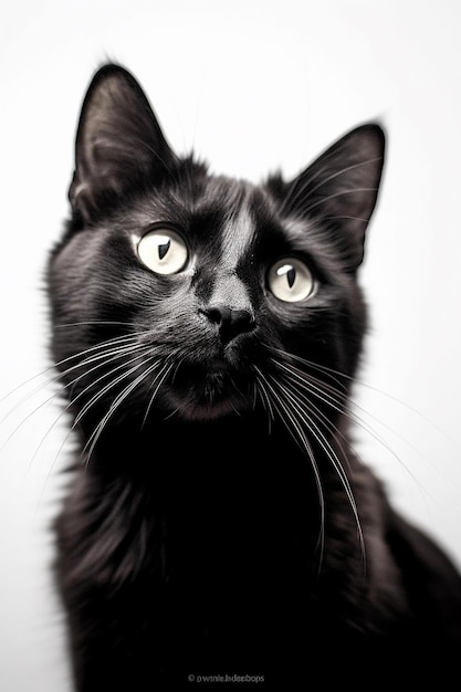 Eine schwarze Katze mit weißem Hintergrund und gelben Augen