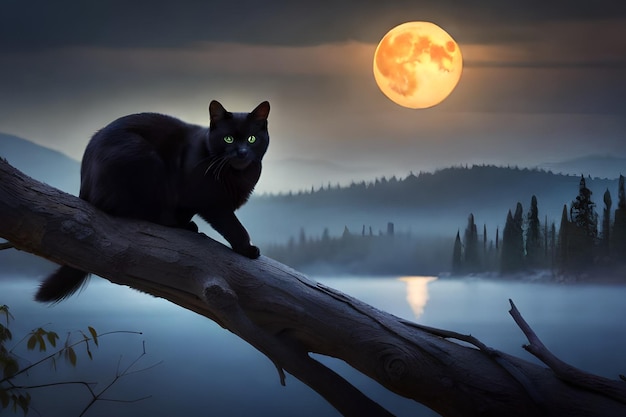 Foto eine schwarze katze sitzt auf einem ast vor dem vollmond.