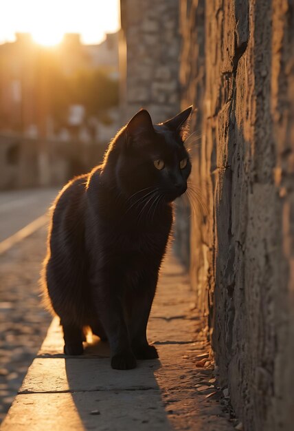 eine schwarze Katze sitzt auf einem Bürgersteig und schaut in die Kamera