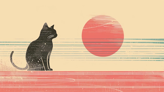 Eine schwarze Katze sitzt auf einem Stall vor einer untergehenden Sonne. Die Katze ist in Silhouette und die Sonne ist eine große rote Kugel.