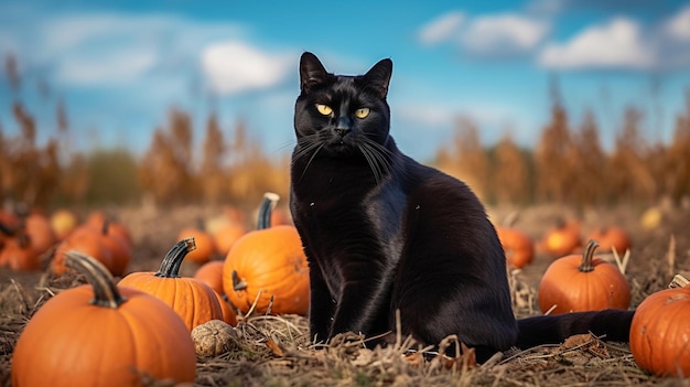 Eine schwarze Katze sitzt zwischen Kürbissen auf einem Feld.