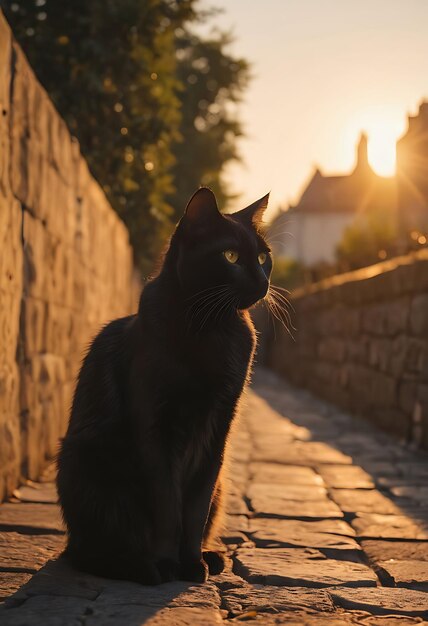 eine schwarze Katze steht auf einem Steinpfad in der Sonne
