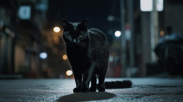 Eine schwarze Katze steht im Dunkeln auf einer Straße.