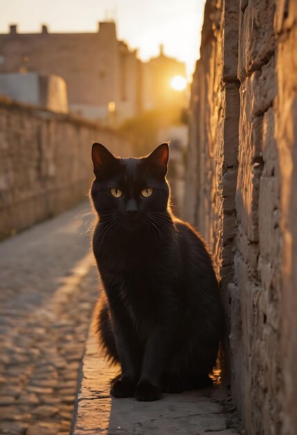 eine schwarze Katze steht vor einer Wand, durch die die Sonne scheint