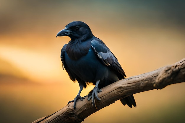 Eine schwarze Krähe sitzt auf einem Ast, auf den die Sonne scheint.