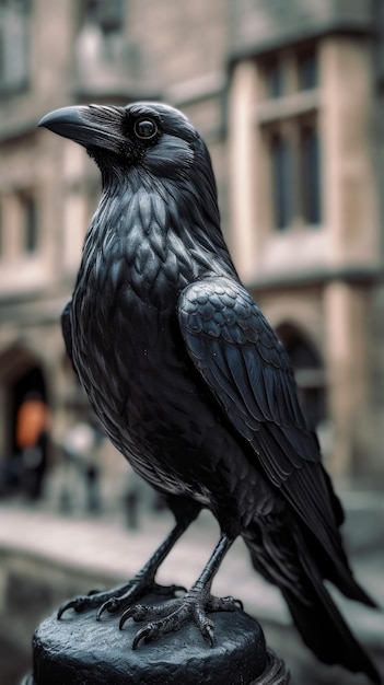 Eine schwarze Krähe sitzt auf einer Stange vor dem Tower of London