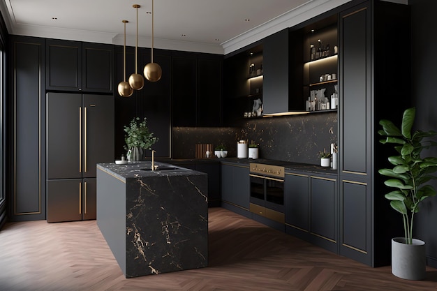 Eine schwarze Küche mit einer Arbeitsplatte aus schwarzem Marmor und einer Arbeitsplatte aus schwarzem Marmor.