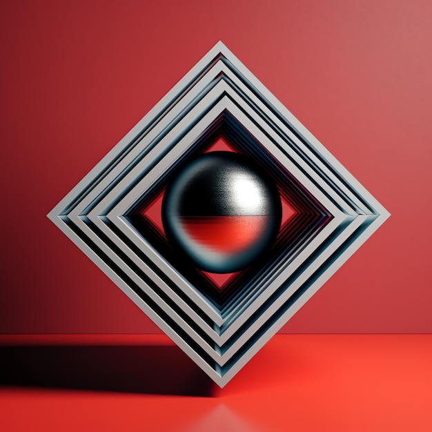 Foto eine schwarze kugel in einem rot-weißen quadrat