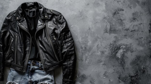 Eine schwarze Lederjacke, die auf einer verwitterten Wand sitzt und ein Gefühl von ruhiger Kraft ausstrahlt