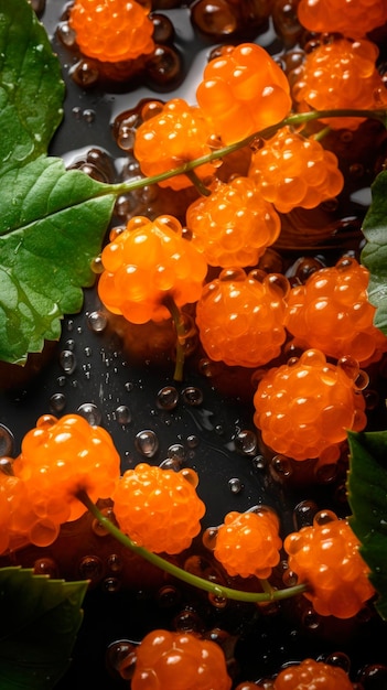 Eine schwarze Platte mit orangefarbenen und weißen Beeren und grünen Blättern.