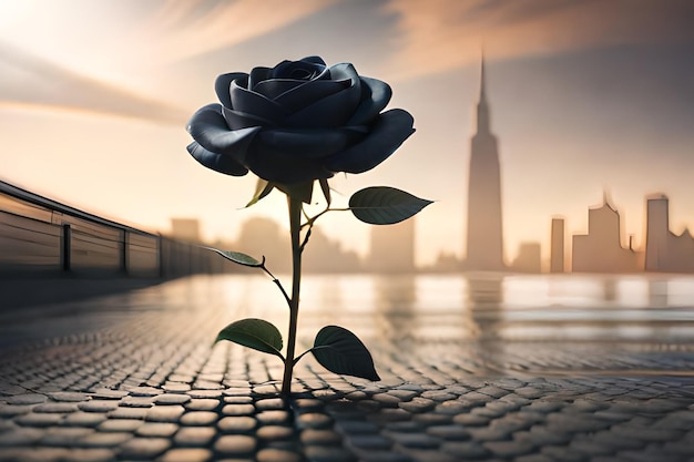 Eine schwarze Rose steht mitten in einer Stadt.