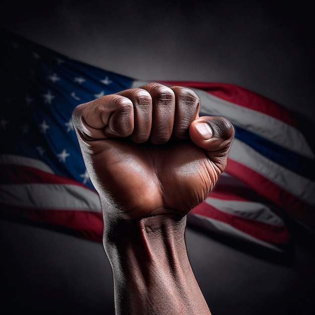 Eine schwarze, solidarisch erhobene Faust, begleitet von den leuchtenden Farben der Flagge der Vereinigten Staaten