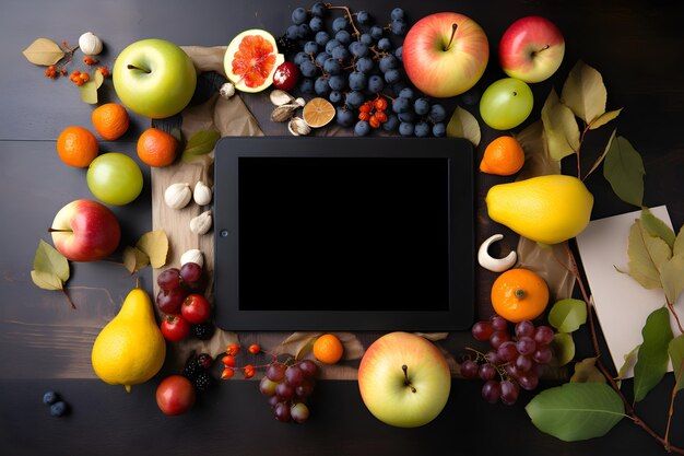 Eine schwarze Tafel mit Früchten darauf